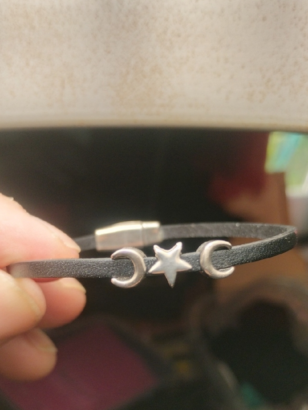 Leather Bracelet Featuring Crescent Moons And Star Sliding Charms 7"